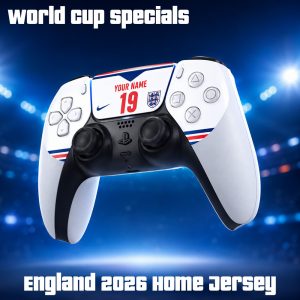 Personalised England World Cup 2026 PS5 DualSense controller skin with custom name and number